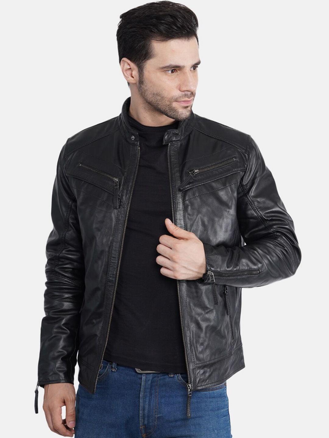 

BuckleUp Men Black Solid Long Sleeves Leather Jacket