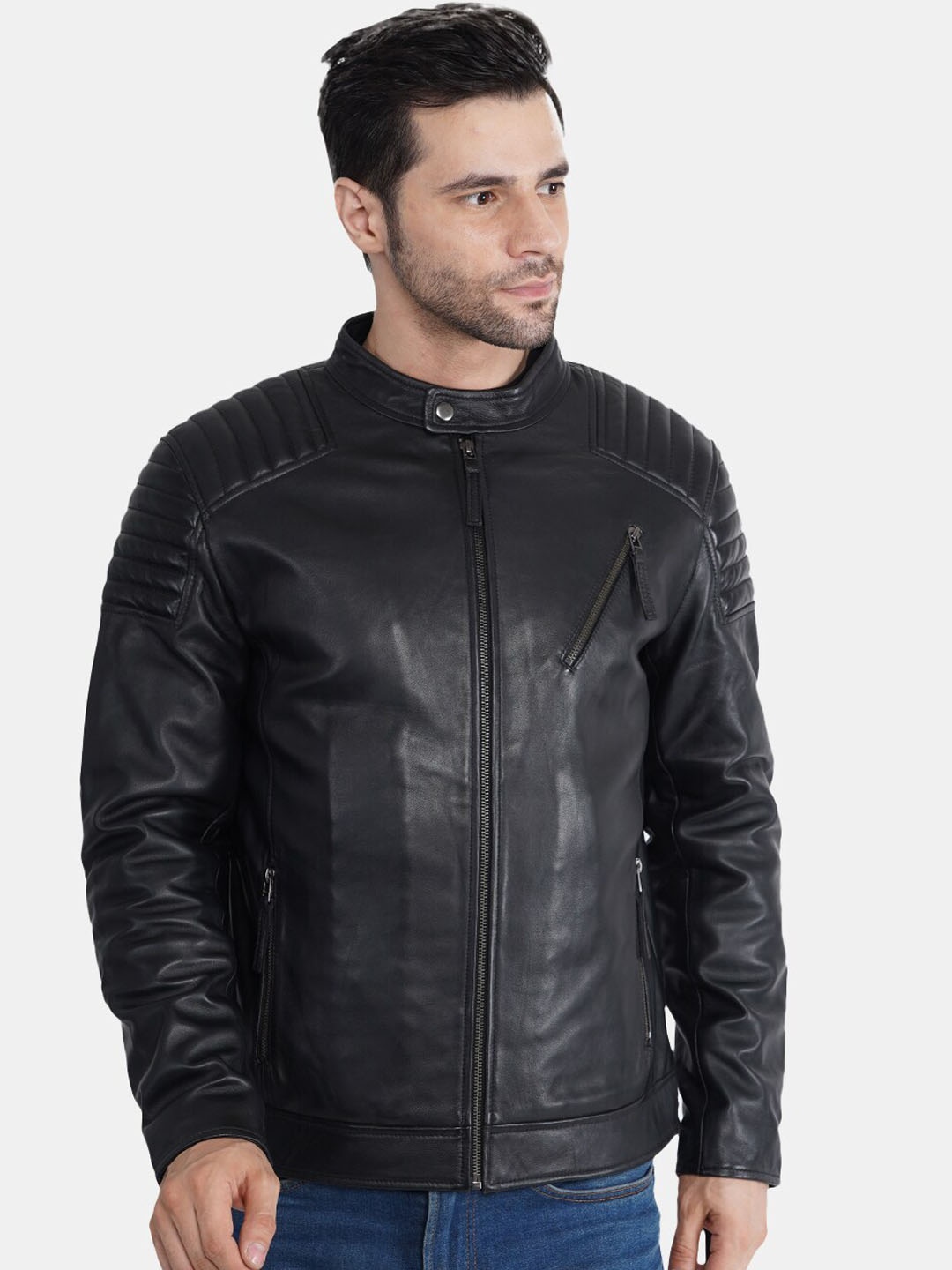 

BuckleUp Men Black Solid Leather Biker Jacket