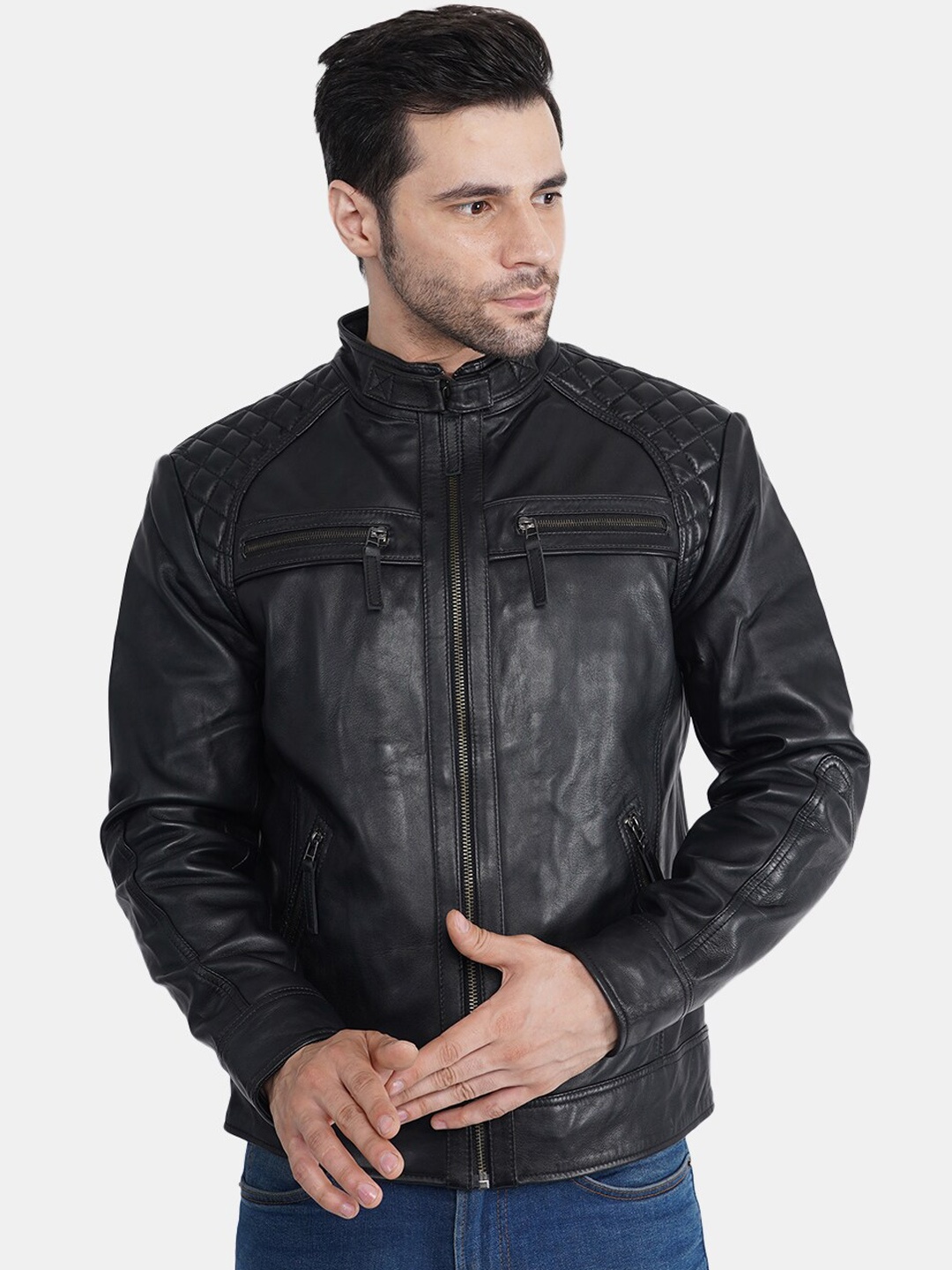 

BuckleUp Men Black Solid Leather Biker Jacket