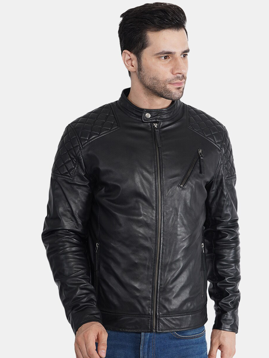 

BuckleUp Men Black Solid Leather Biker Jacket