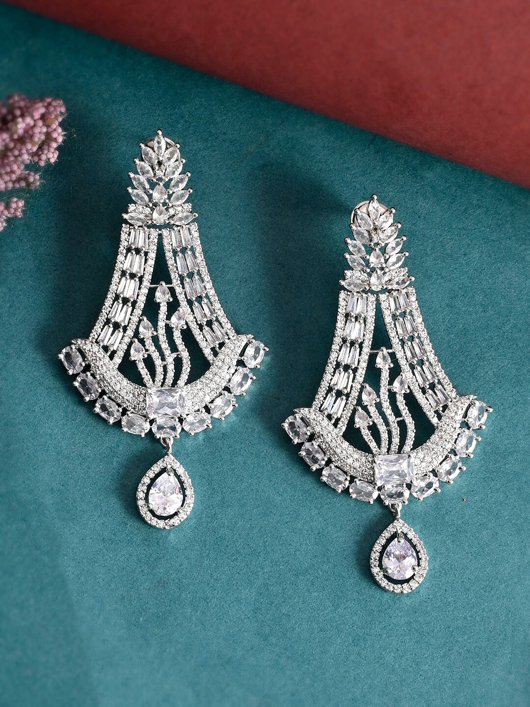 

Voylla Silver-Plated Zircon Studded Classic Drop Earrings