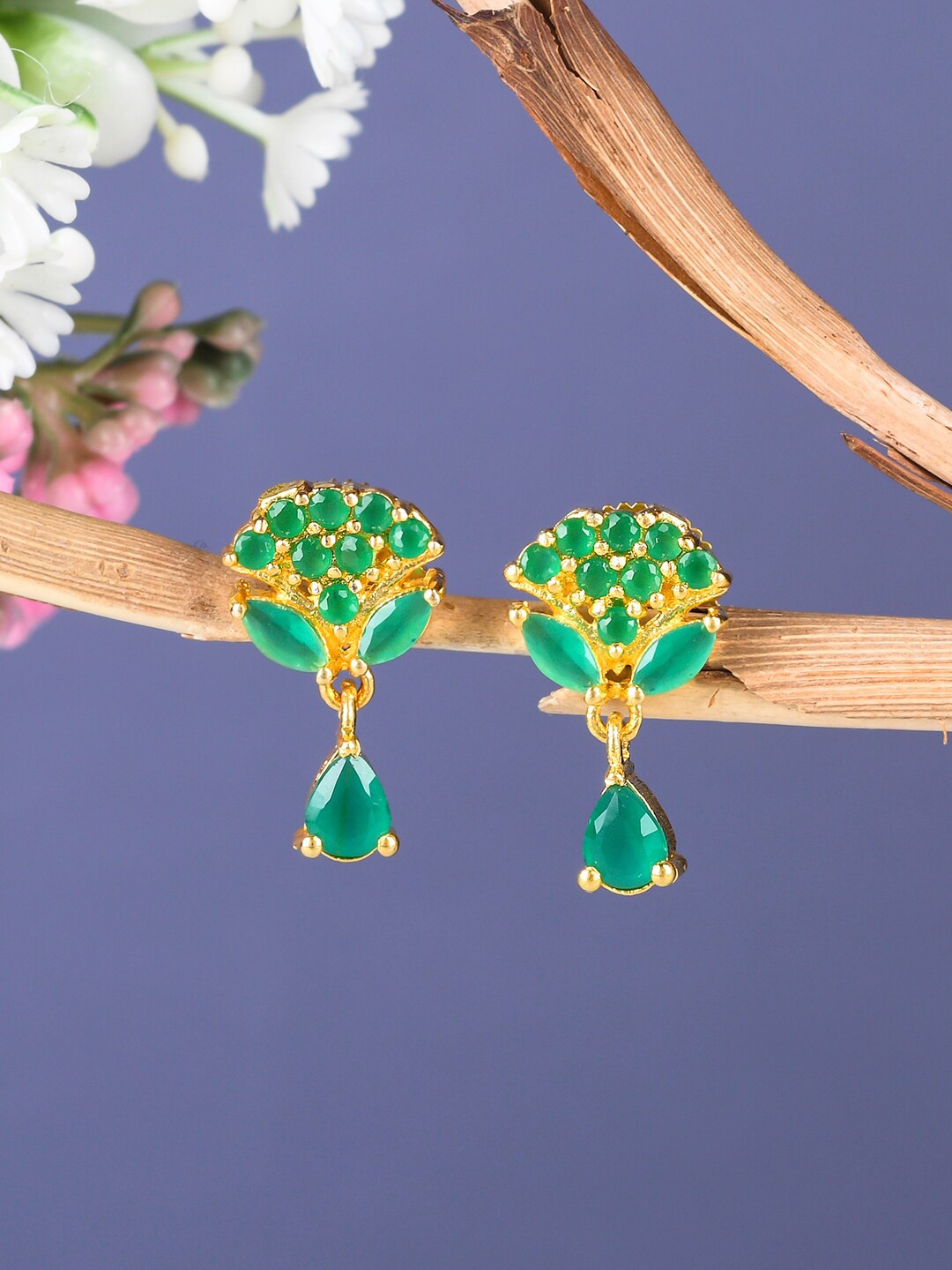 

Voylla Green & Gold-Plated CZ Studded Floral Drop Earrings