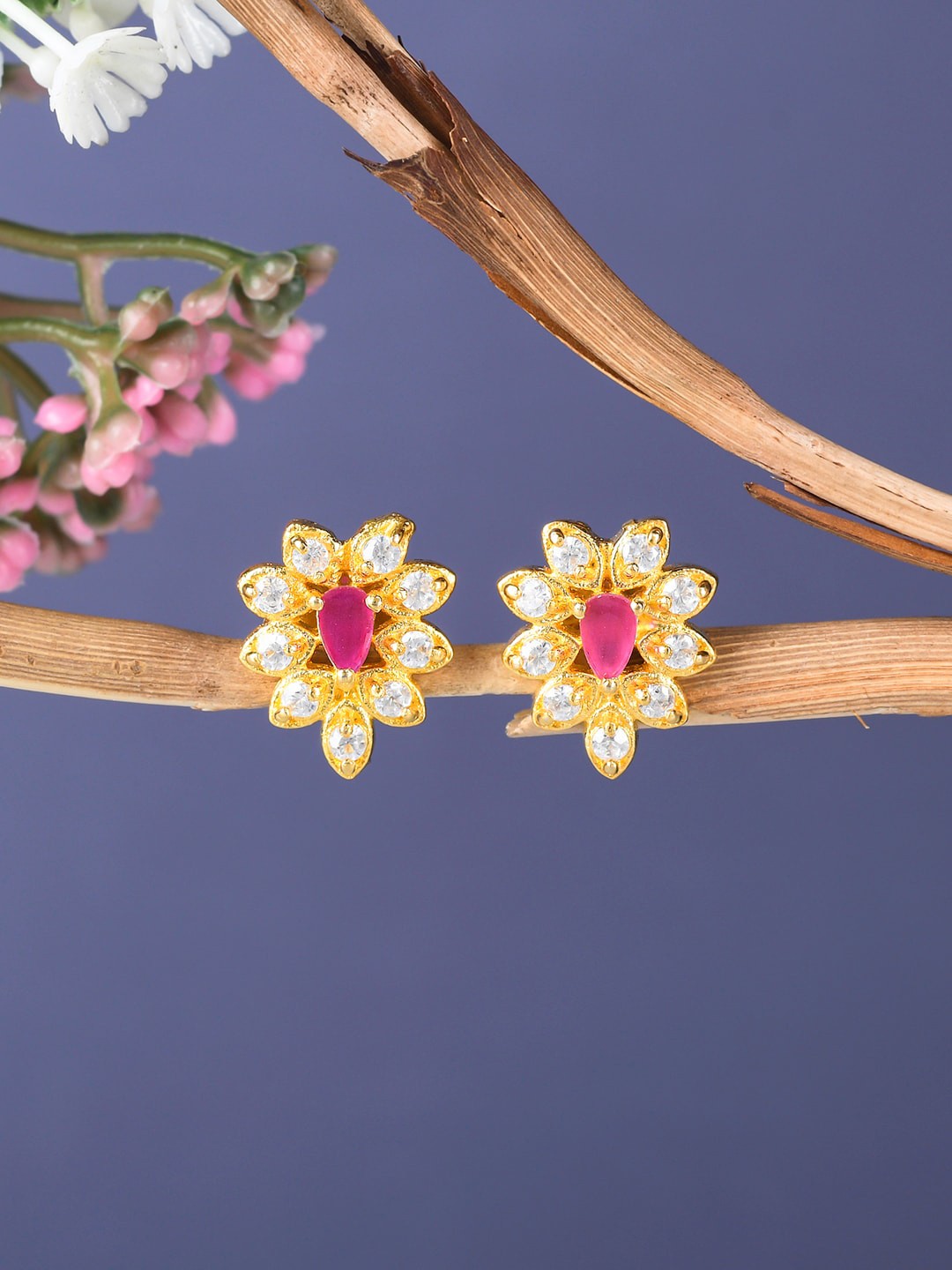 

Voylla White & Pink Zircon Studded Gold-Plated Floral Studs Earrings