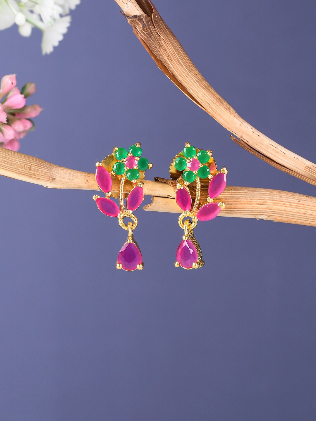 

Voylla Gold-Plated Pink & Green CZ Classic Drop Earrings
