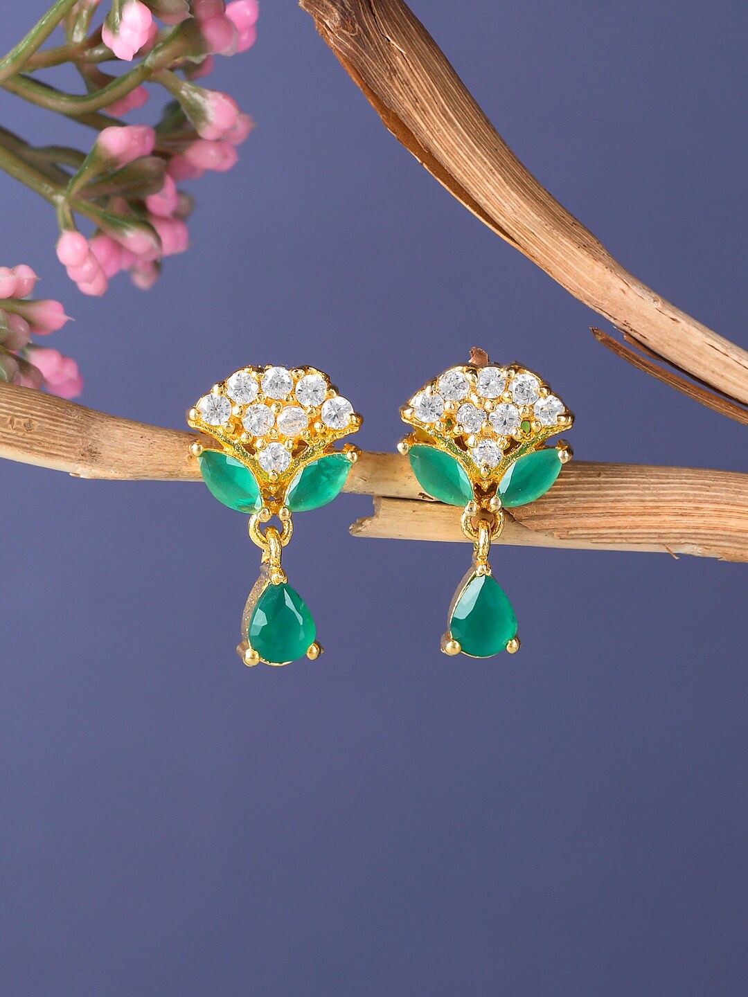 

Voylla Gold-Plated Green & White Classic Drop Earrings