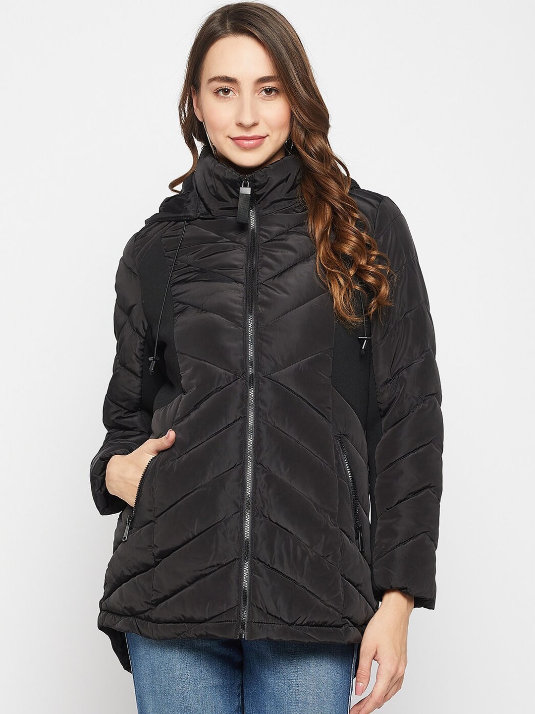 

Madame Women Black Longline Quilted Jacket