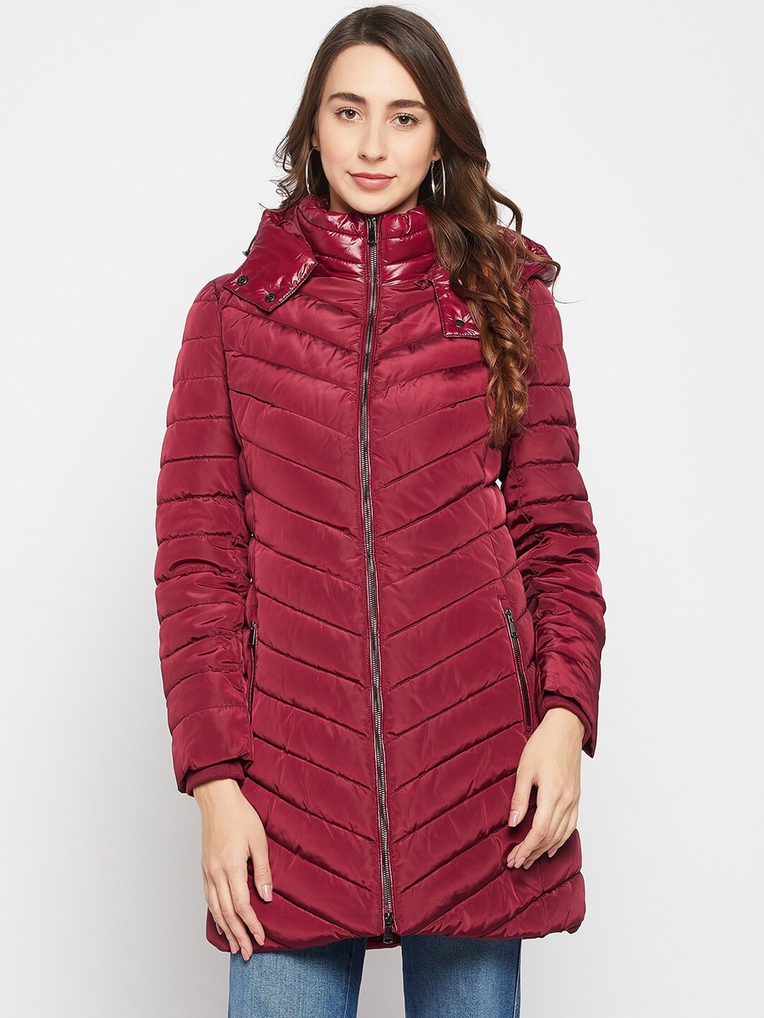 

Madame Women Maroon Longline Puffer Jacket