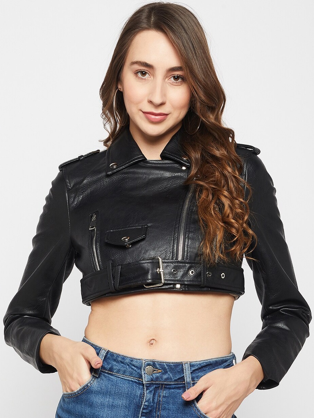 

Madame Women Black Crop Biker Jacket