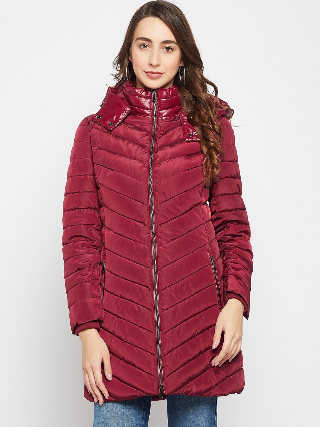 

Madame Women Maroon Longline Puffer Jacket