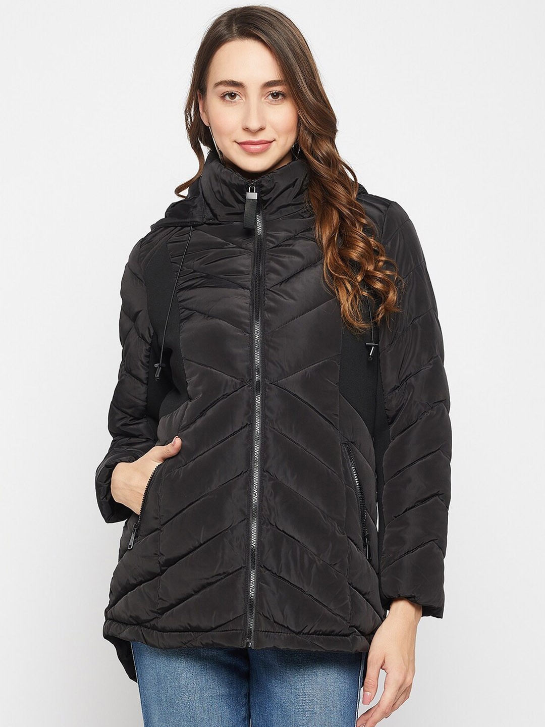 

Madame Women Black Longline Quilted Jacket