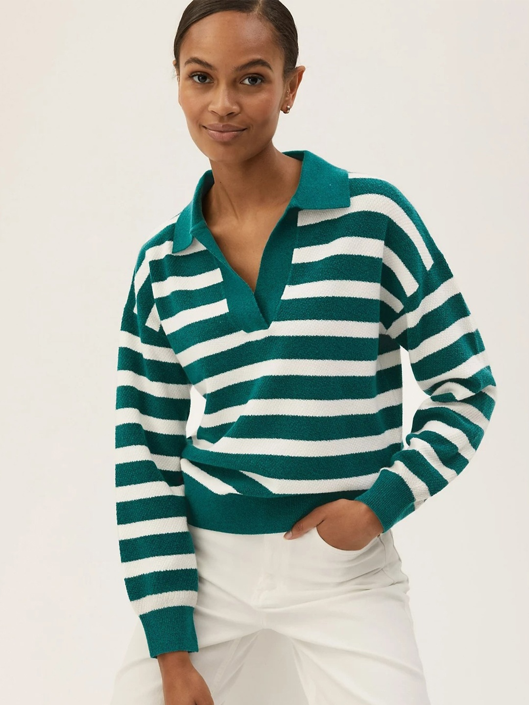 

Marks & Spencer Women Green & White Striped Pullover