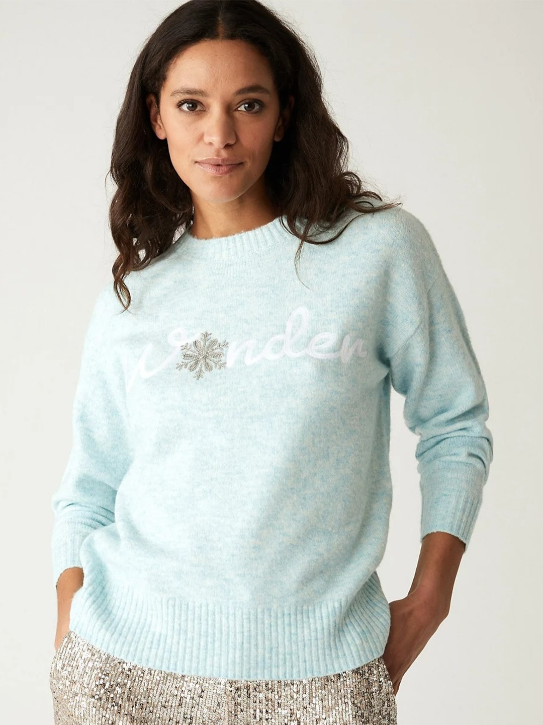 

Marks & Spencer Women Blue & White Typography Pullover