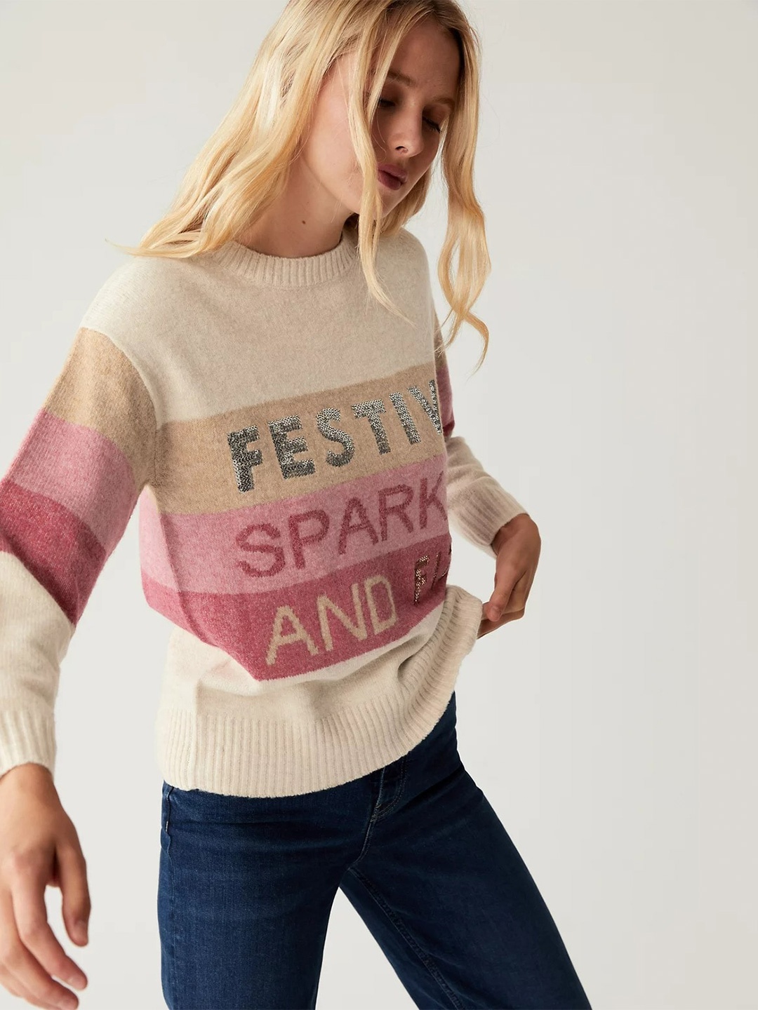 

Marks & Spencer Women Red & Cream-Coloured Typography Printed Pullover
