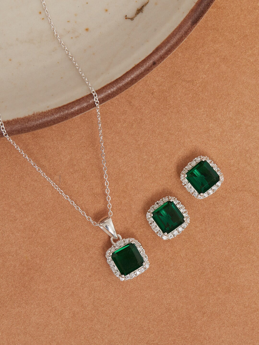 

Studio Voylla Green CZ Studded 925 Sterling Silver Jewellery Set