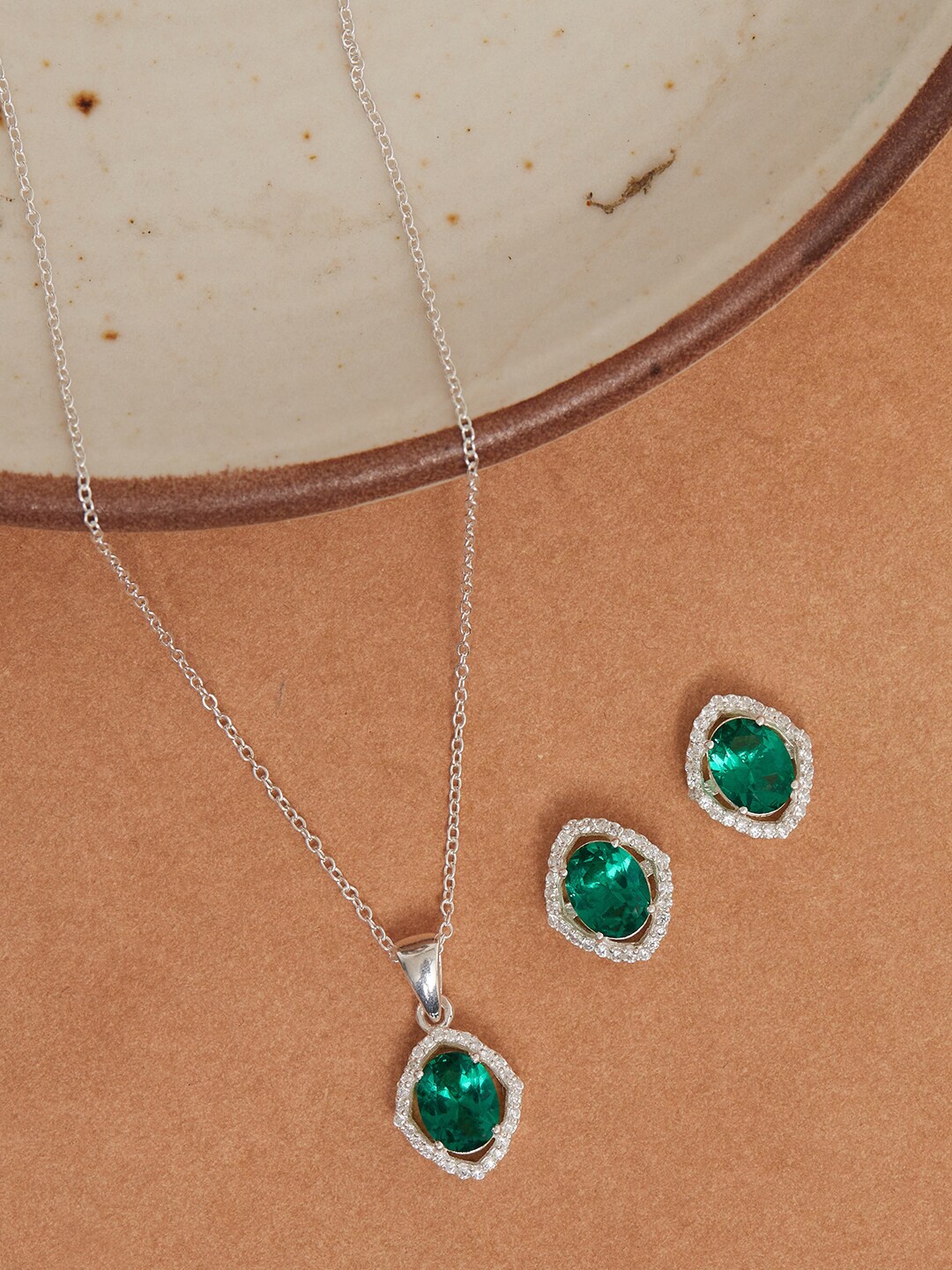 

Studio Voylla Green White CZ Studded 925 Sterling Silver Jewellery Set
