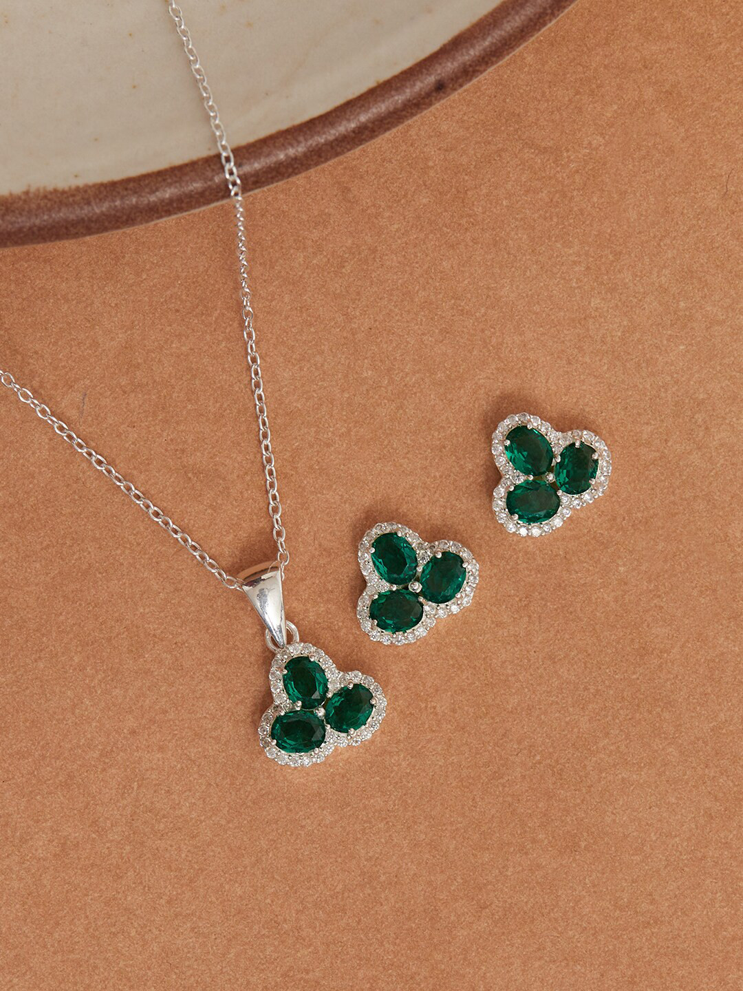 

Studio Voylla Green White CZ Studded 925 Sterling Silver Jewellery Set