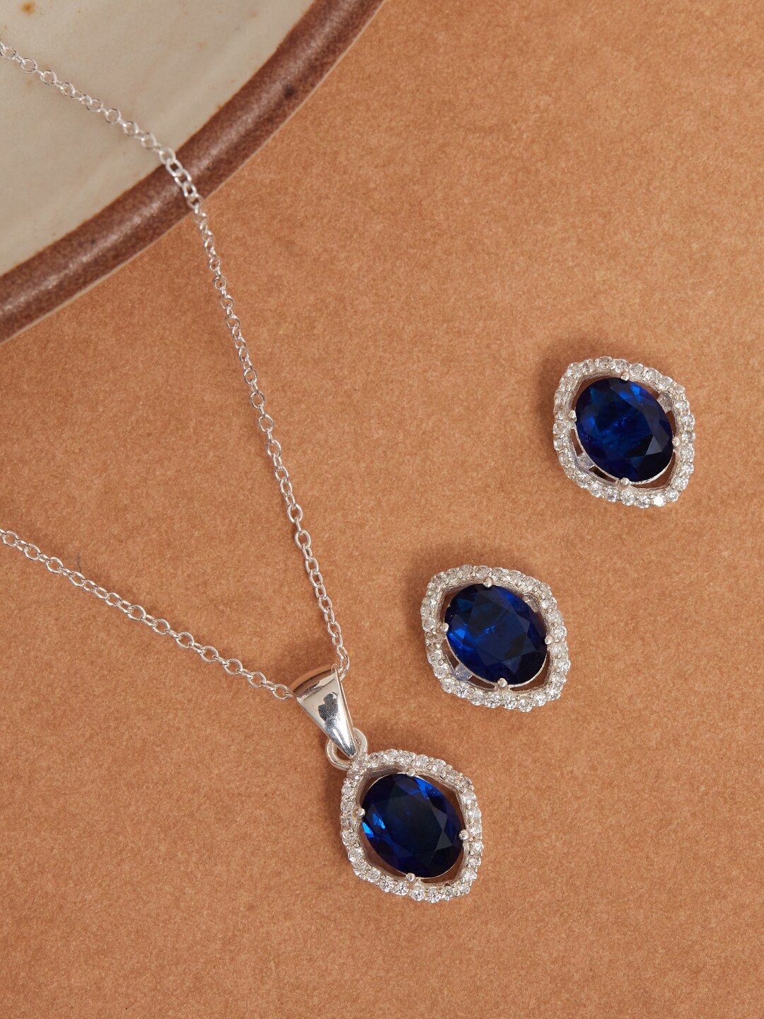 

Studio Voylla Blue White CZ Studded 925 Sterling Silver Jewellery Set