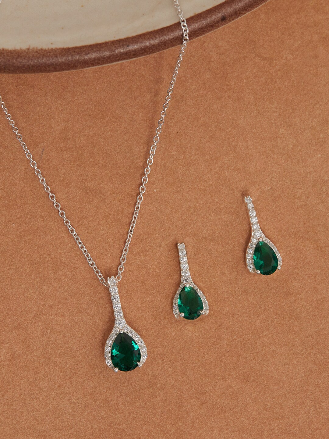 

Studio Voylla White & Green CZ-Studded 925 Sterling Silver-Plated Pendant Set