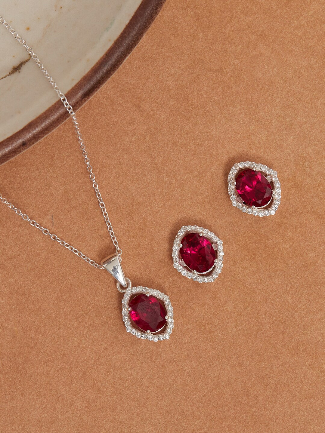 

Studio Voylla Red CZ Stone-Studded 925 Sterling Silver Jewellery Set