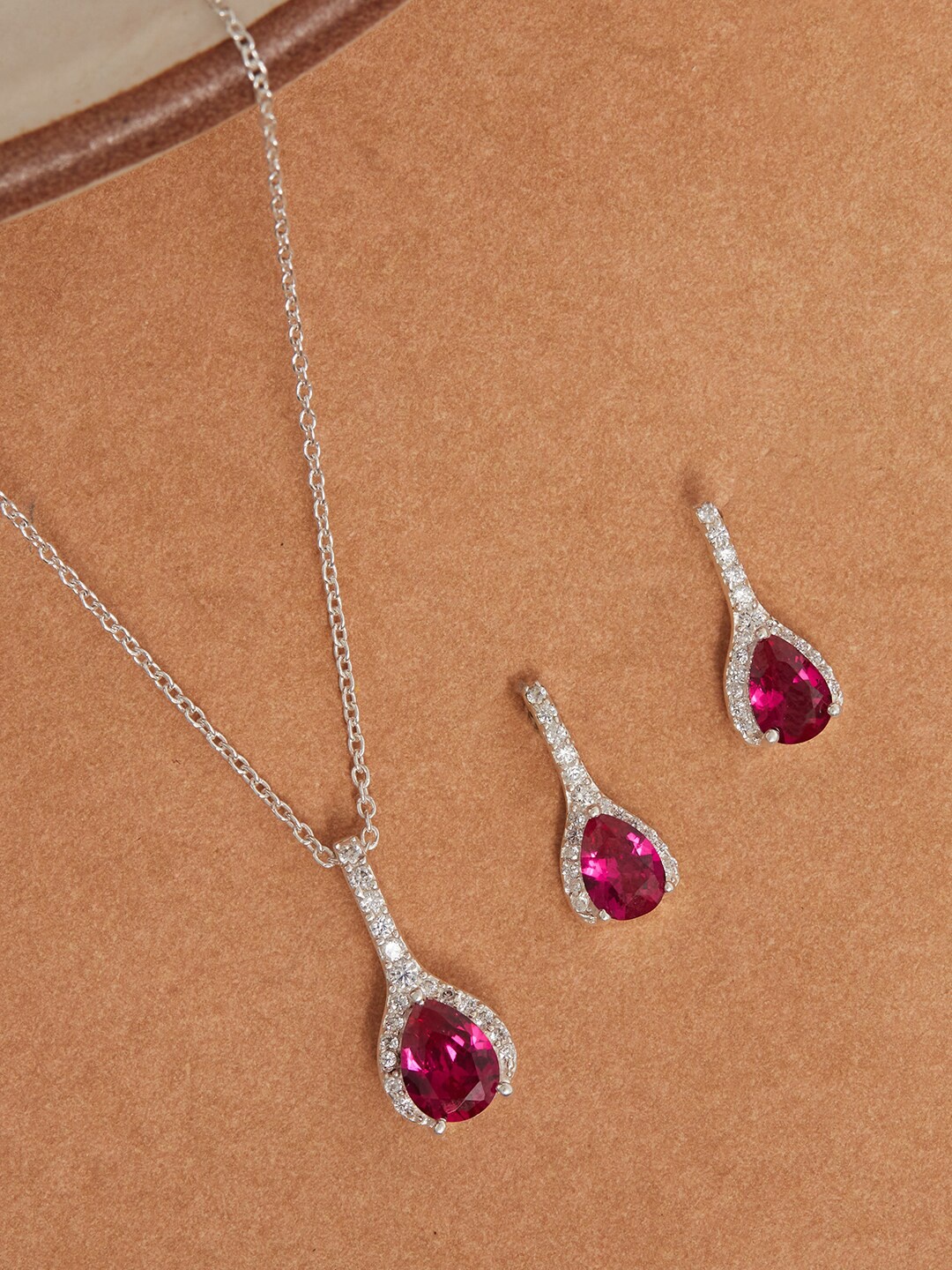 

Studio Voylla Red CZ-Studded 925 Sterling Silver Plated Pendant Set