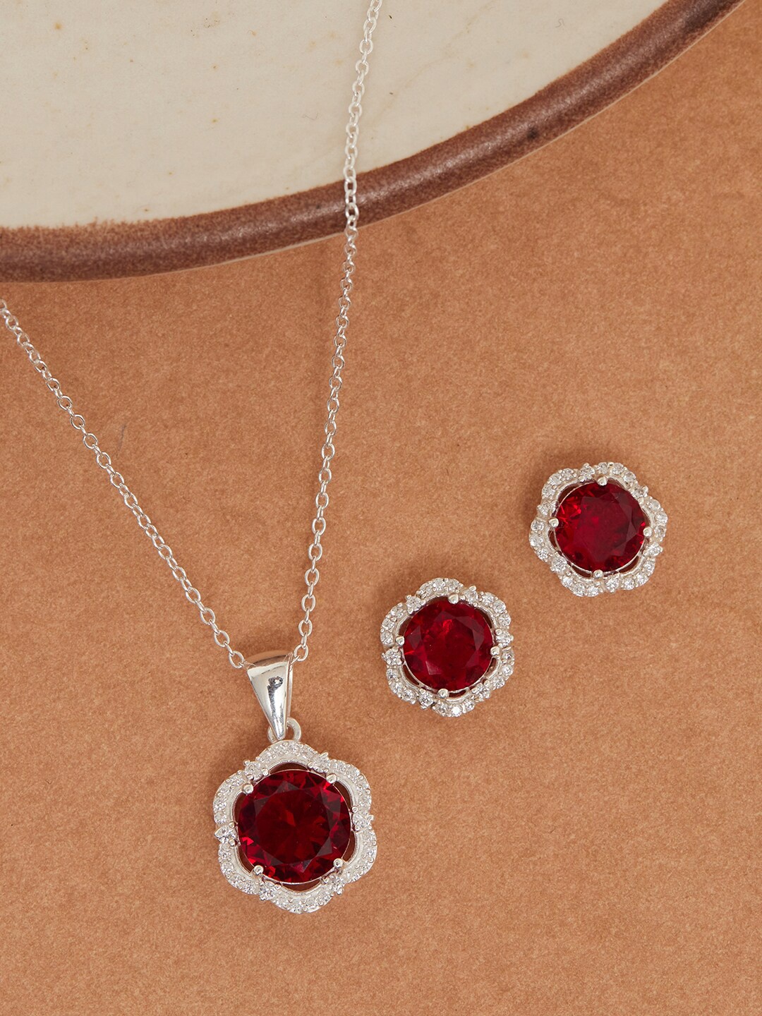 

Studio Voylla Red CZ Studded 925 Sterling Silver Jewellery Set