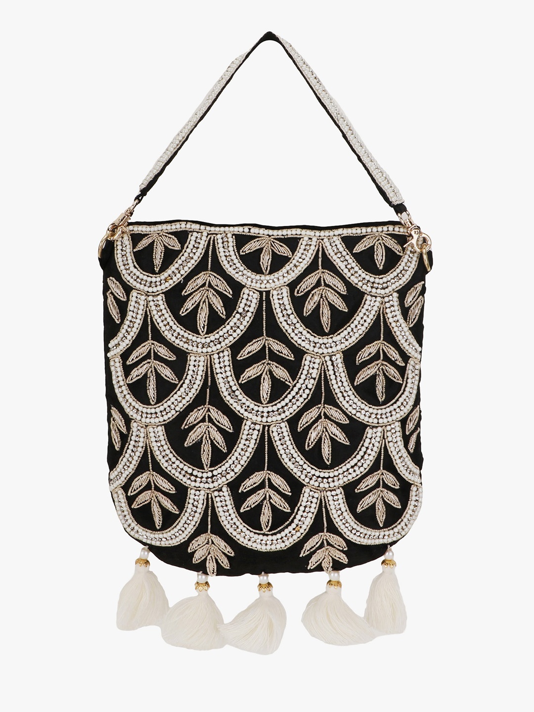 

Anekaant Black & White Embellished Tasselled Potli Clutch