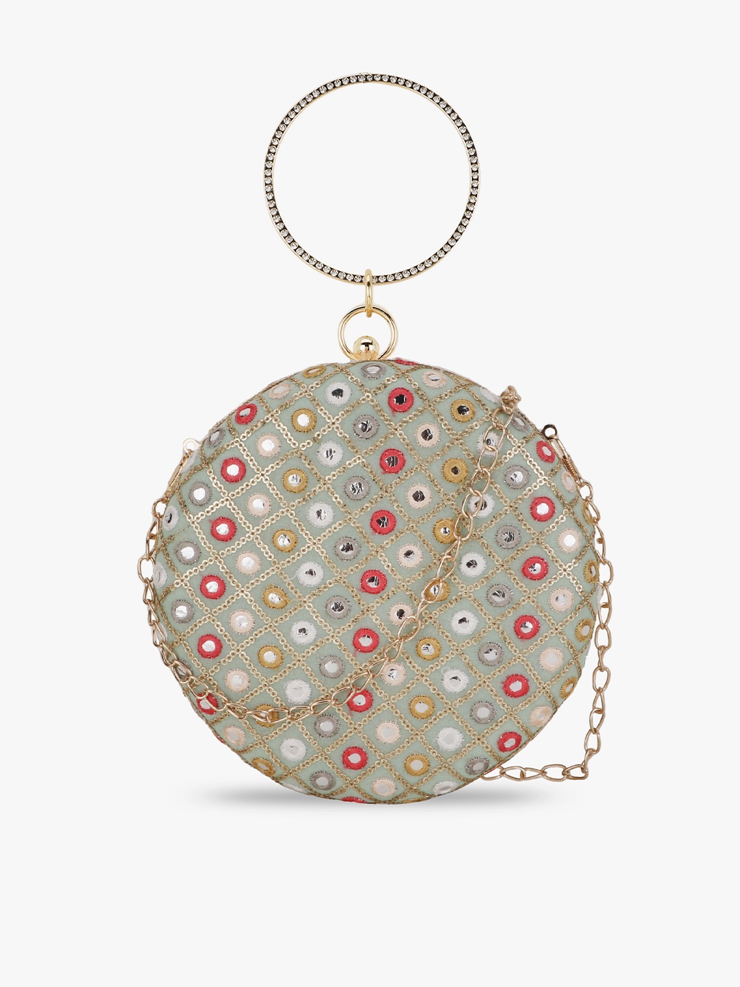 

Anekaant Green & Red Embellished Buckle Detail Purse Clutch