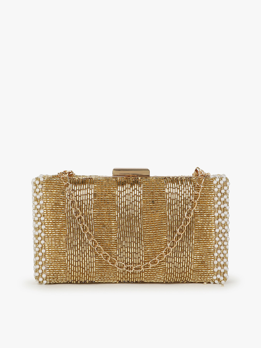 

Anekaant Gold-Toned & White Embellished Box Clutch