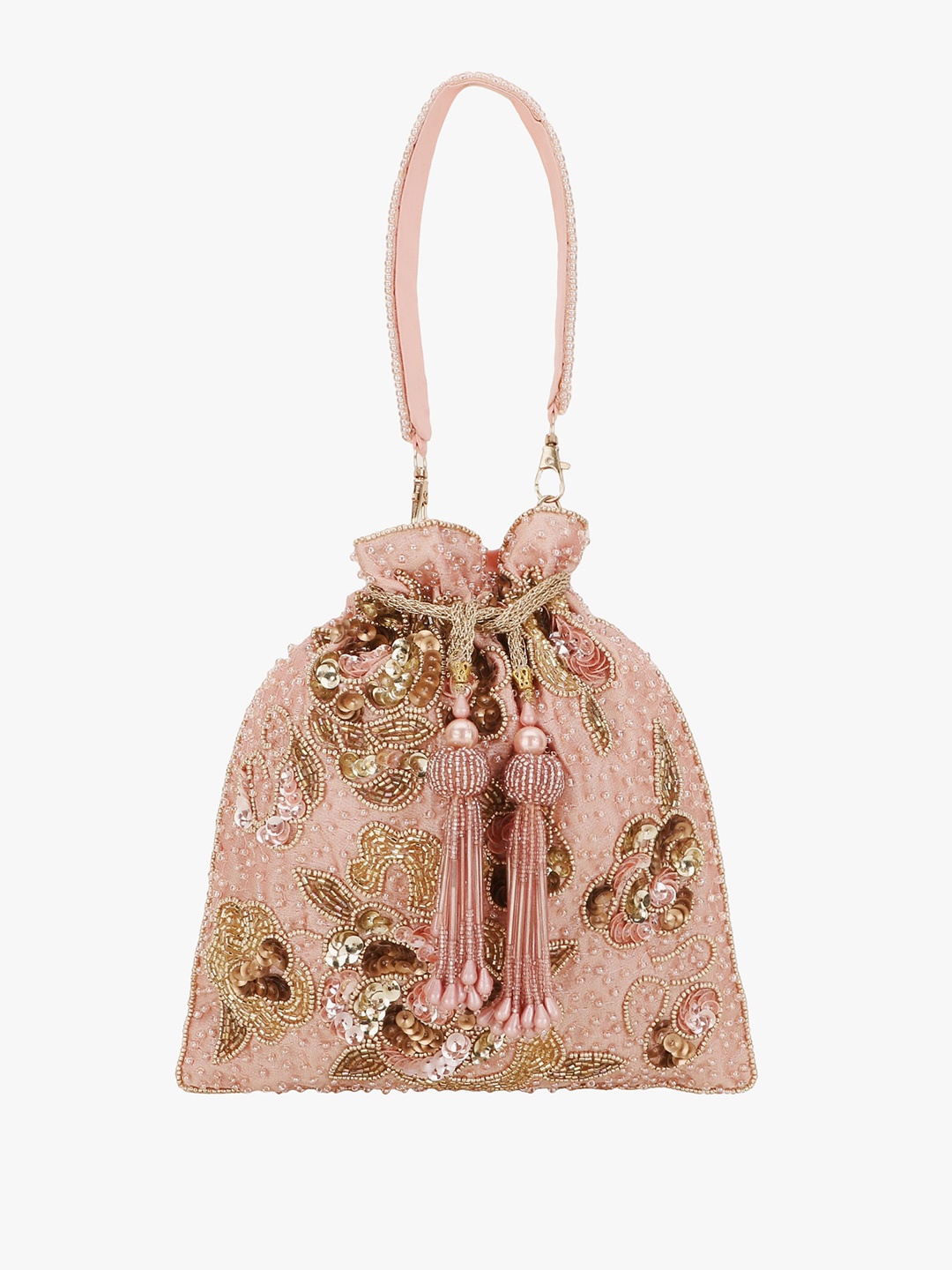 

Anekaant Pink & Gold-Toned Embellished Tasselled Potli Clutch