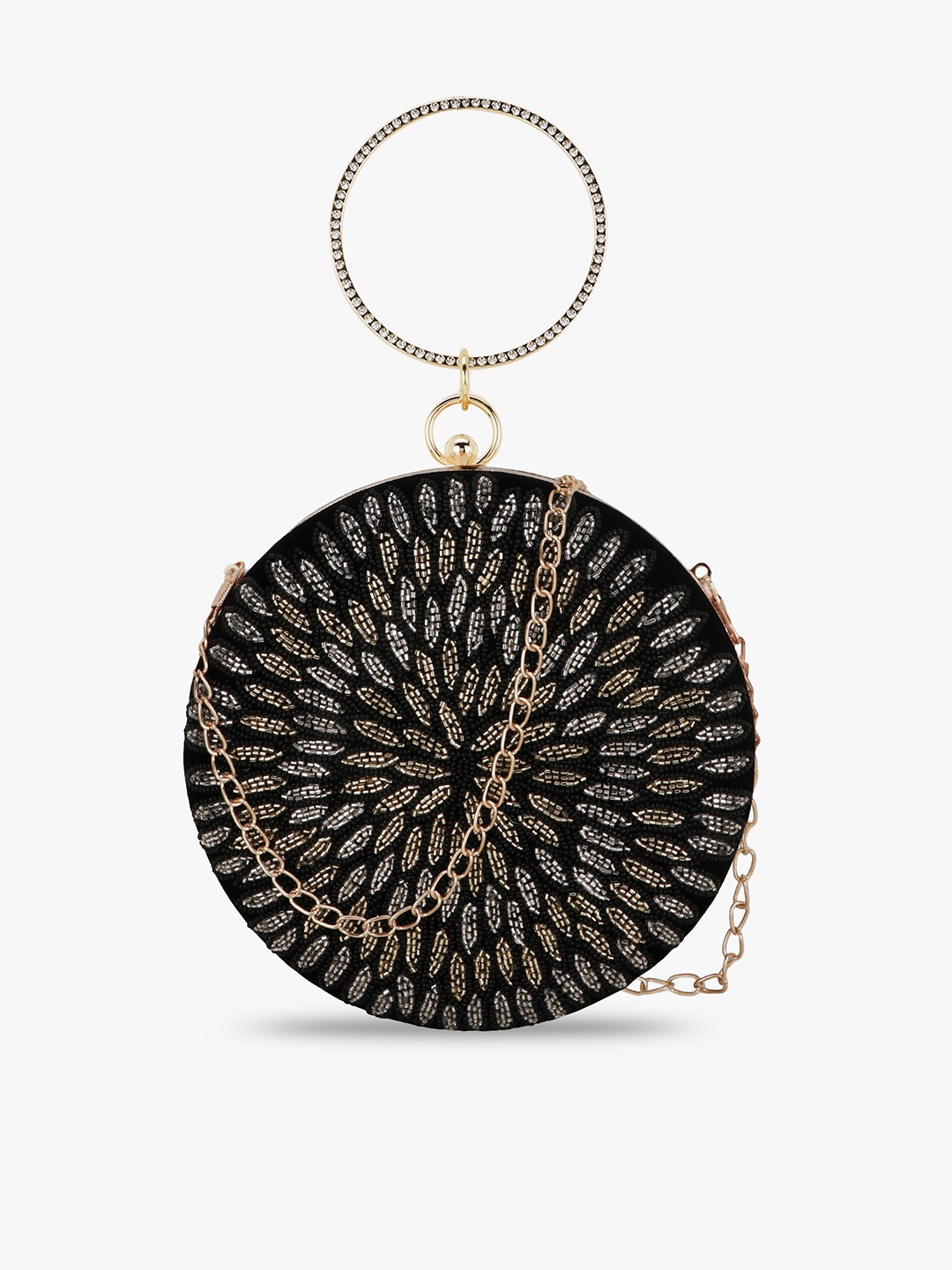 

Anekaant Black & Gold-Toned Embroidered Buckle Detail Box Clutch