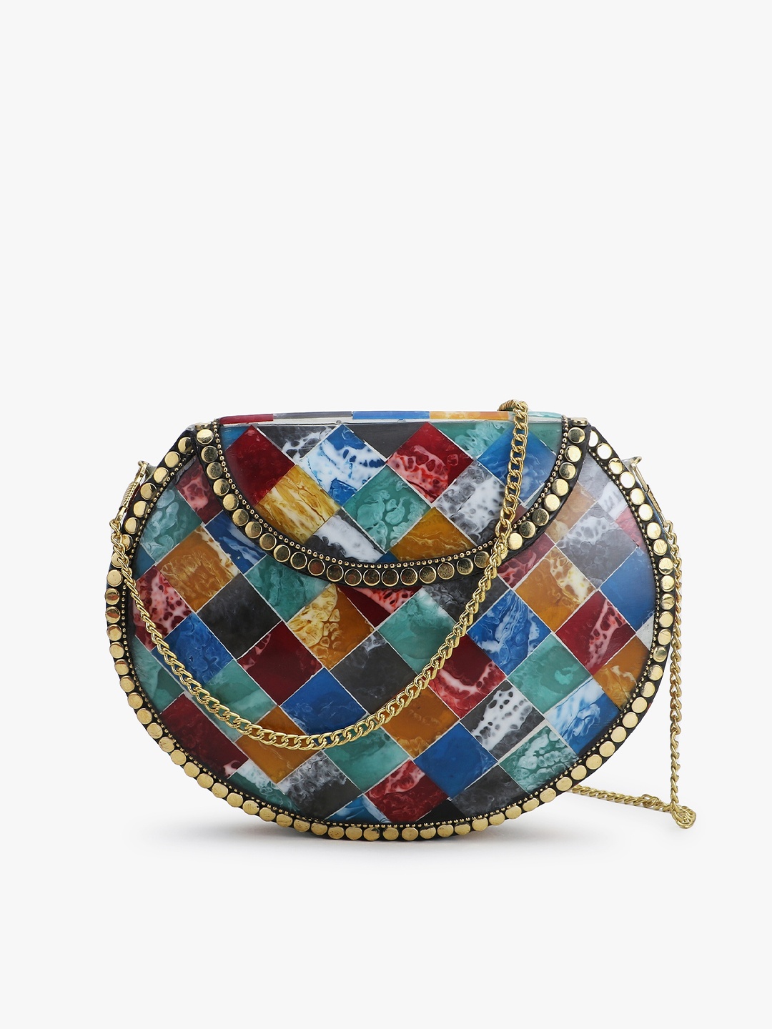 

Anekaant Blue & Gold-Toned Embellished Half Moon Clutch