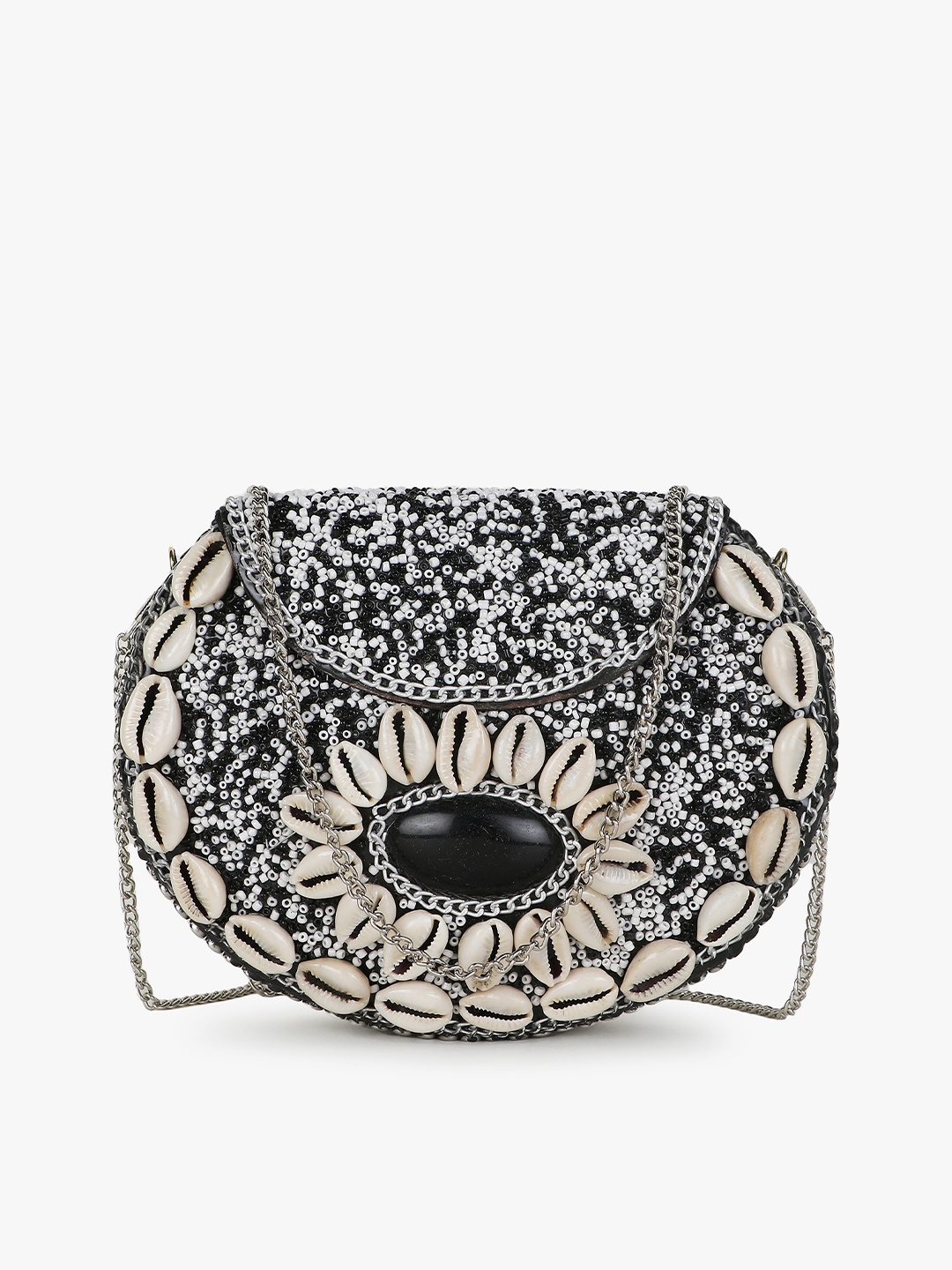 

Anekaant White & Black Embellished Half Moon Clutch