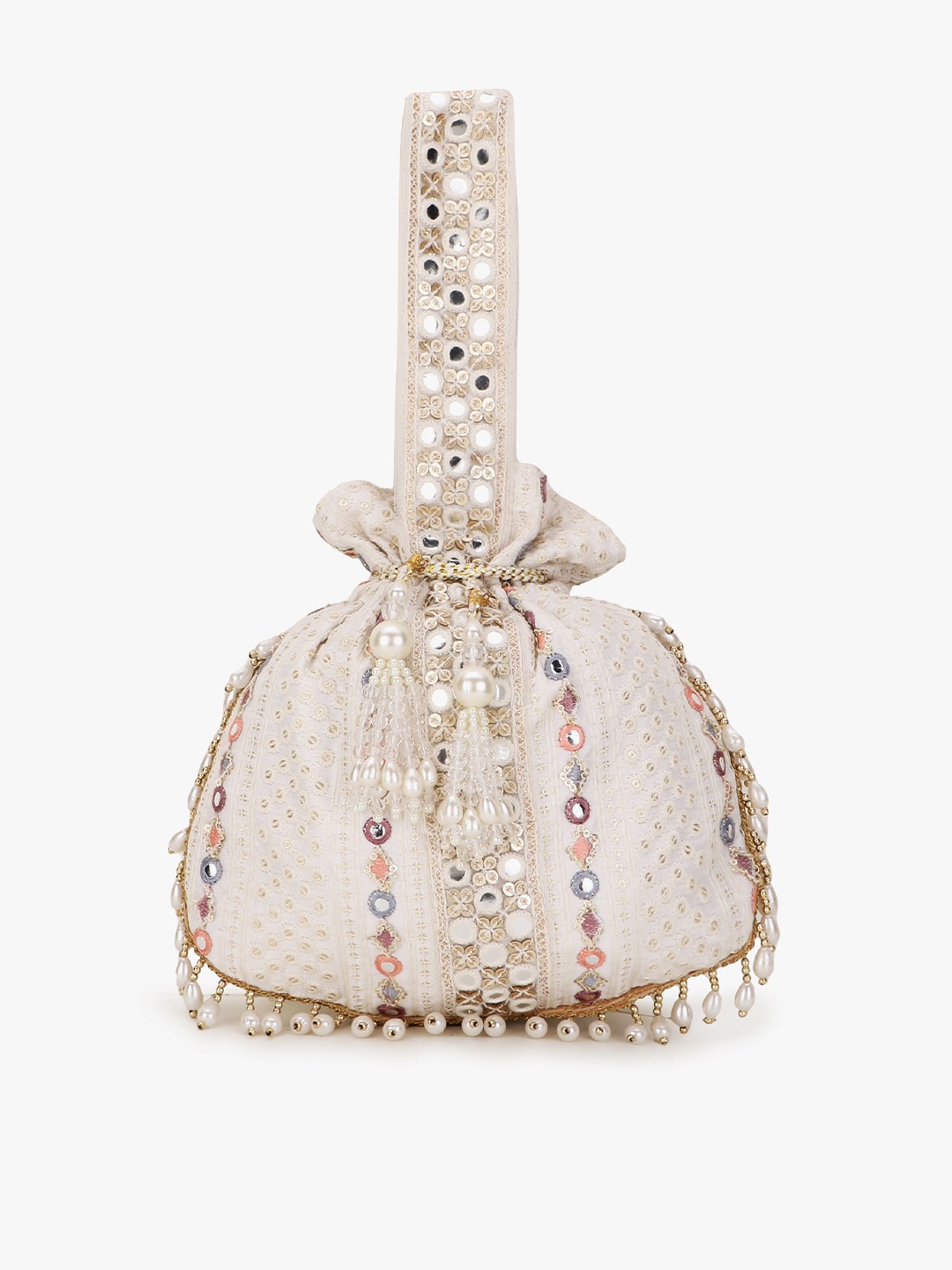 

Anekaant Off White & Purple Embellished Tasselled Potli Clutch