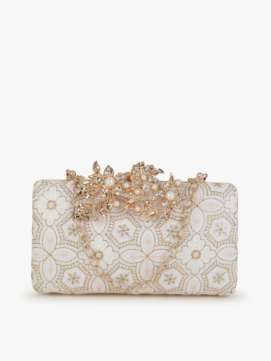 

Anekaant Off White & Gold-Toned Embroidered Buckle Detail Box Clutch