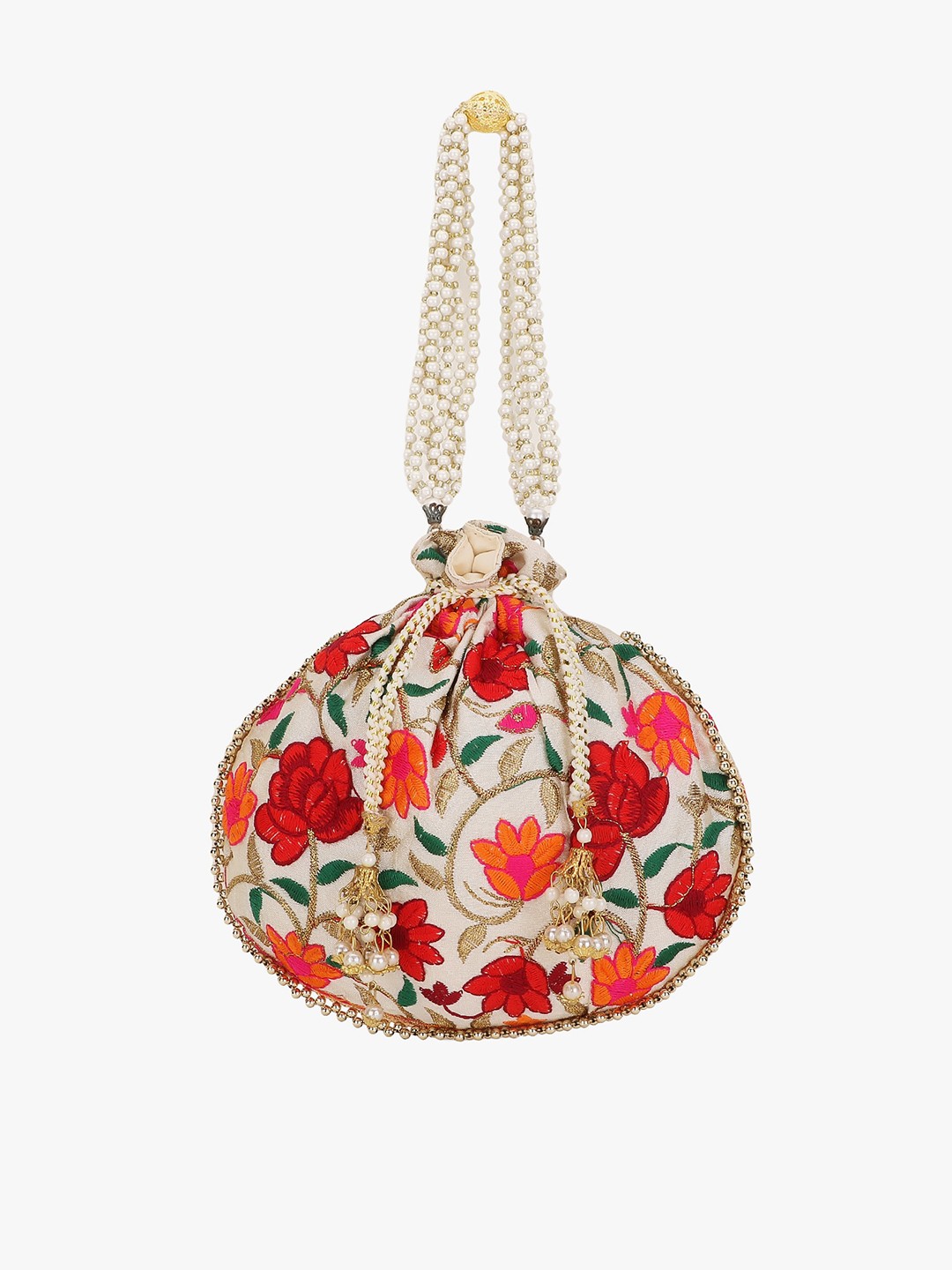 

Anekaant Cream-Coloured & Red Embroidered Tasselled Potli Clutch