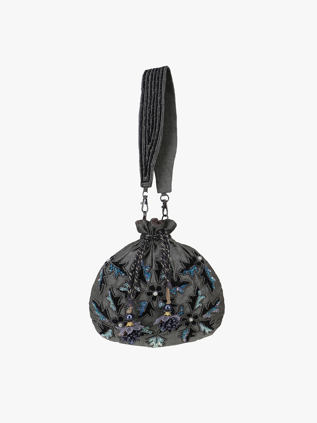 

Anekaant Grey & Gold-Toned Embellished Tasselled Potli Clutch