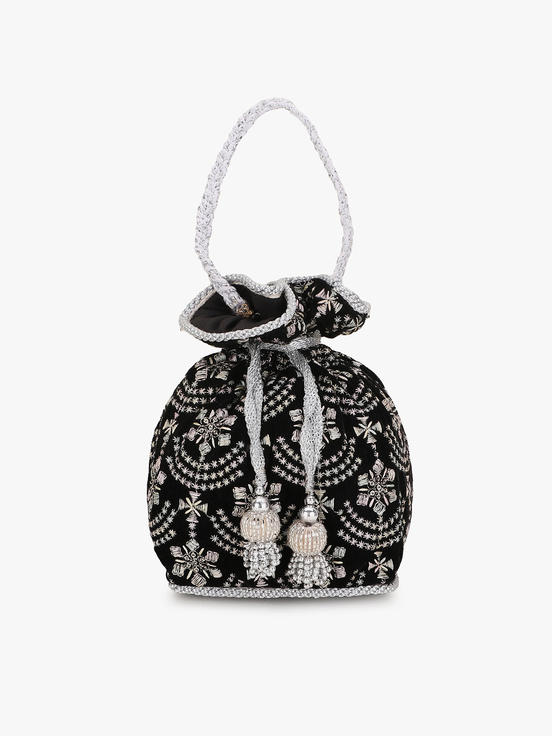 

Anekaant Black & Silver-Toned Embroidered Tasselled Potli Clutch