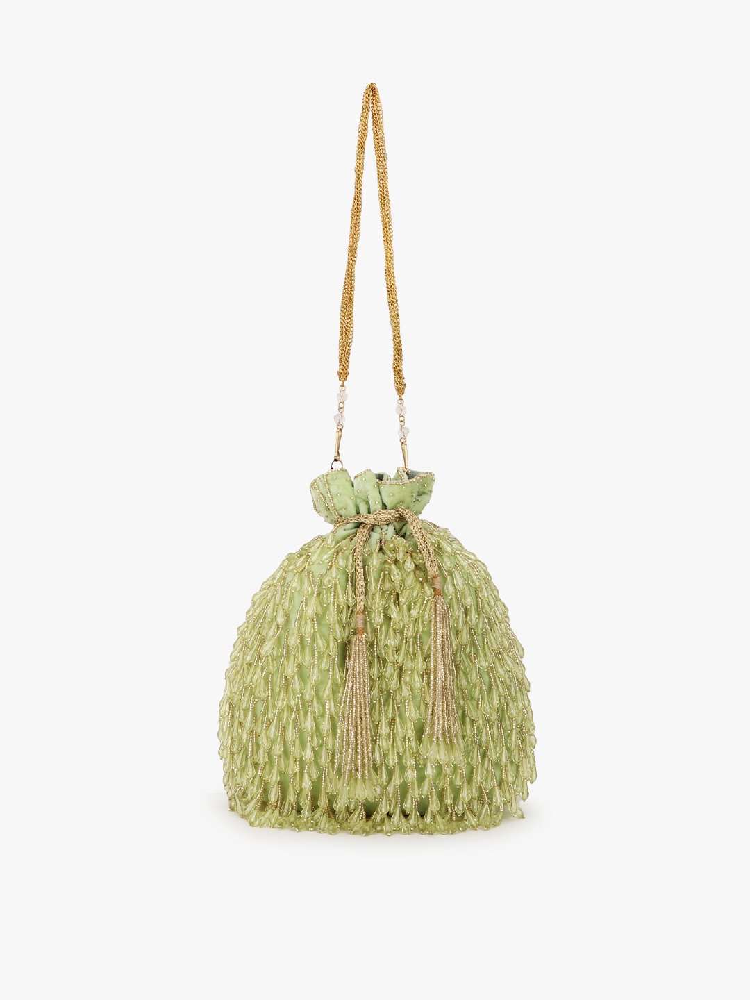 

Anekaant Green & White Embellished Tasselled Potli Clutch