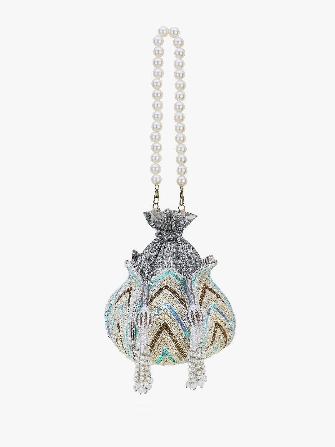 

Anekaant White & Silver-Toned Embellished Tasselled Potli Clutch