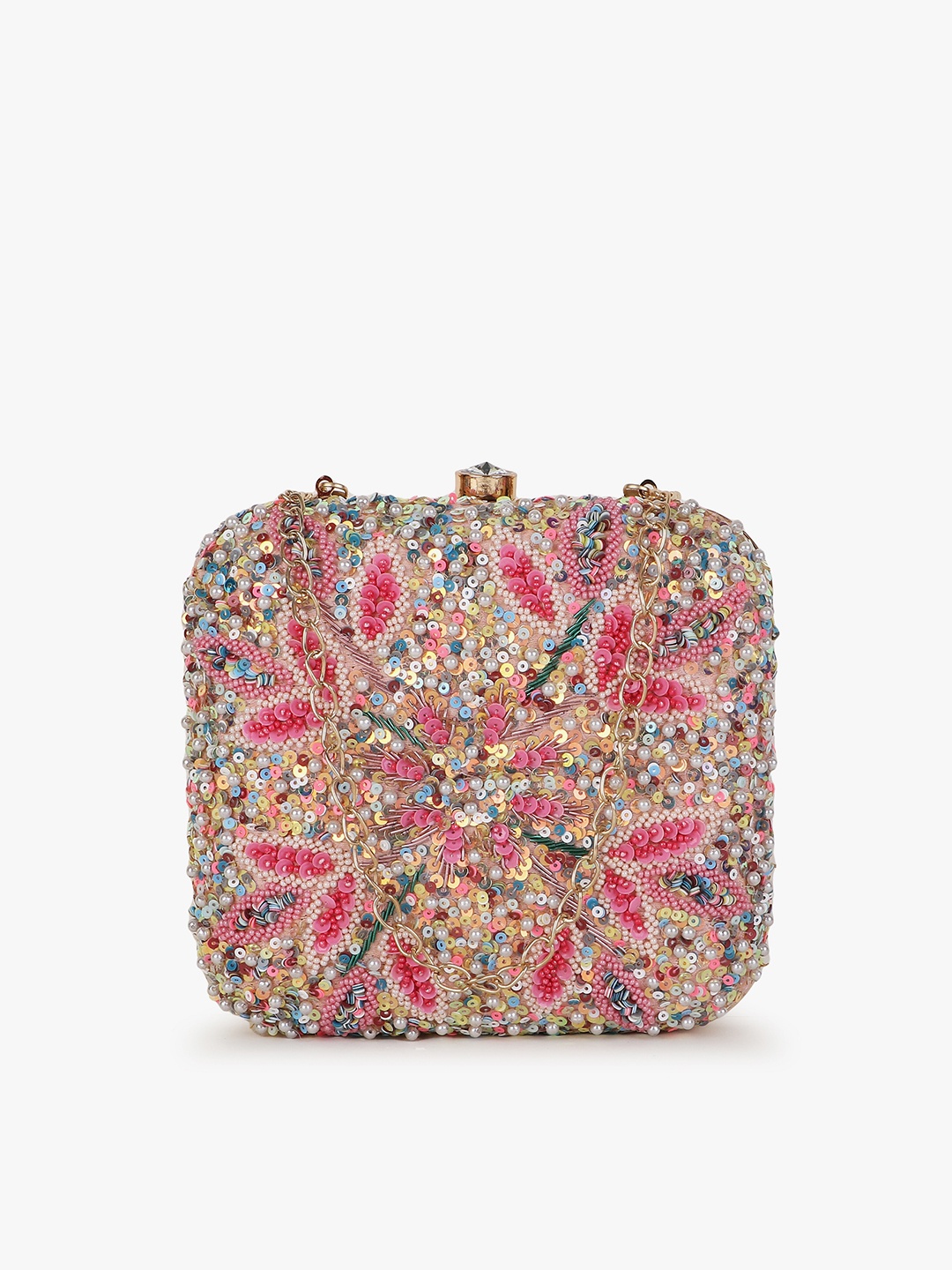 

Anekaant Women Pink & White Embellished Box Clutch