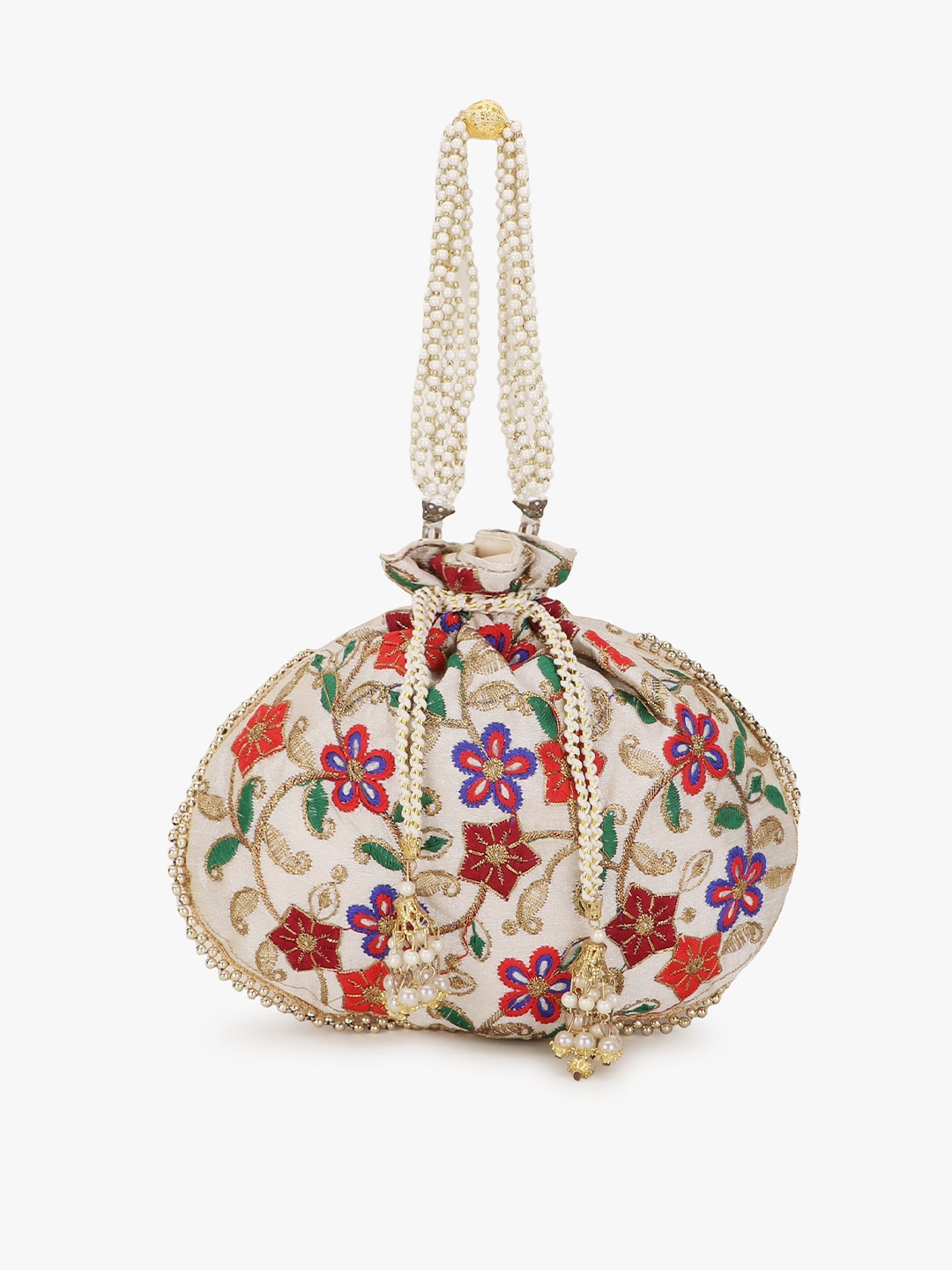 

Anekaant Women Cream-Coloured & Purple Embroidered Tasselled Potli Clutch