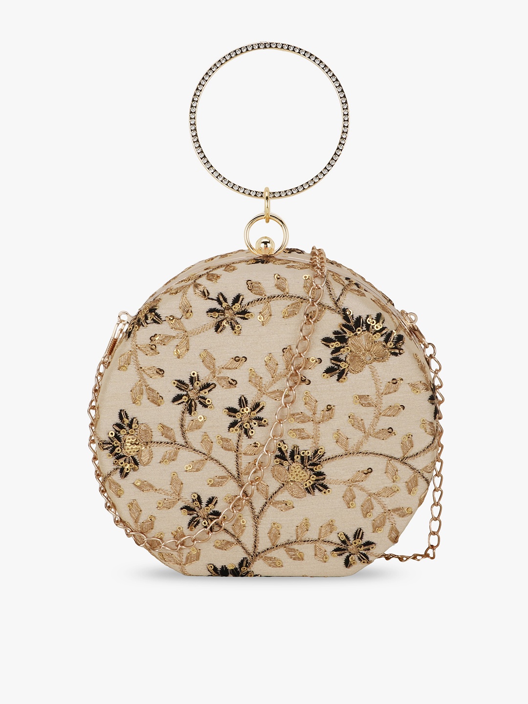 

Anekaant Women Beige & Gold-Toned Embellished Box Clutch