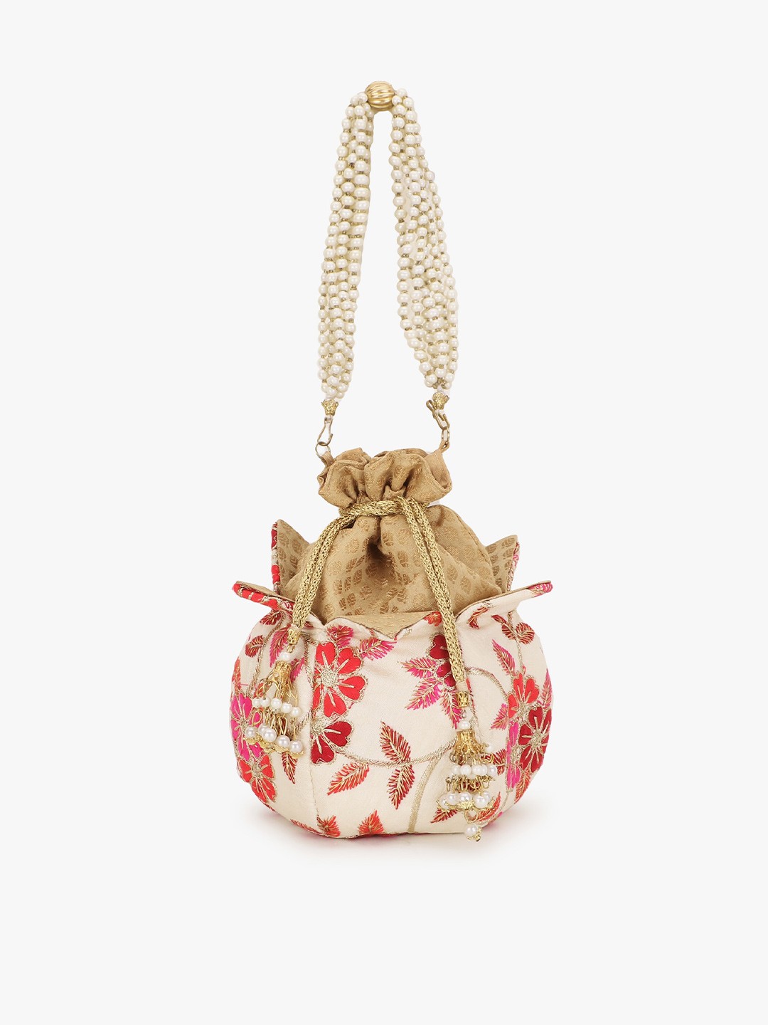 

Anekaant Cream-Coloured & Pink Embroidered Tasselled Potli Clutch