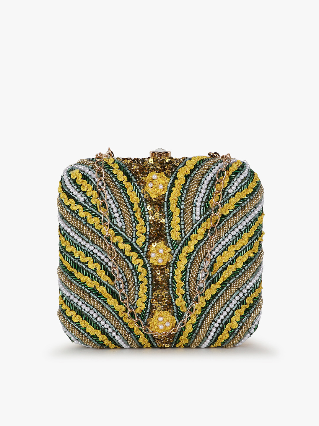 

Anekaant Women Green & Yellow Embellished Box Clutch