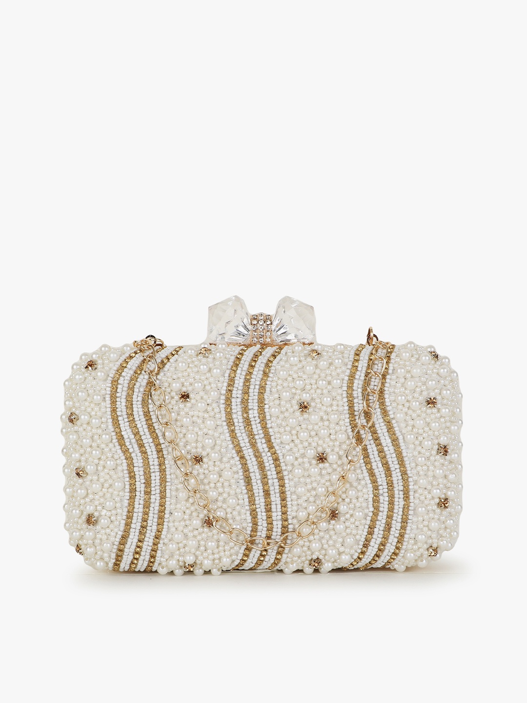 

Anekaant Women White & Gold-Toned Embellished Box Clutch