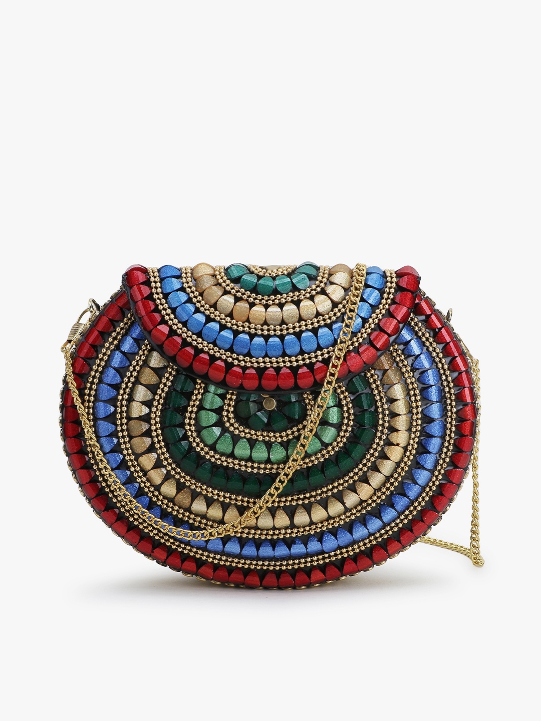 

Anekaant Red & Blue Embellished Half Moon Clutch