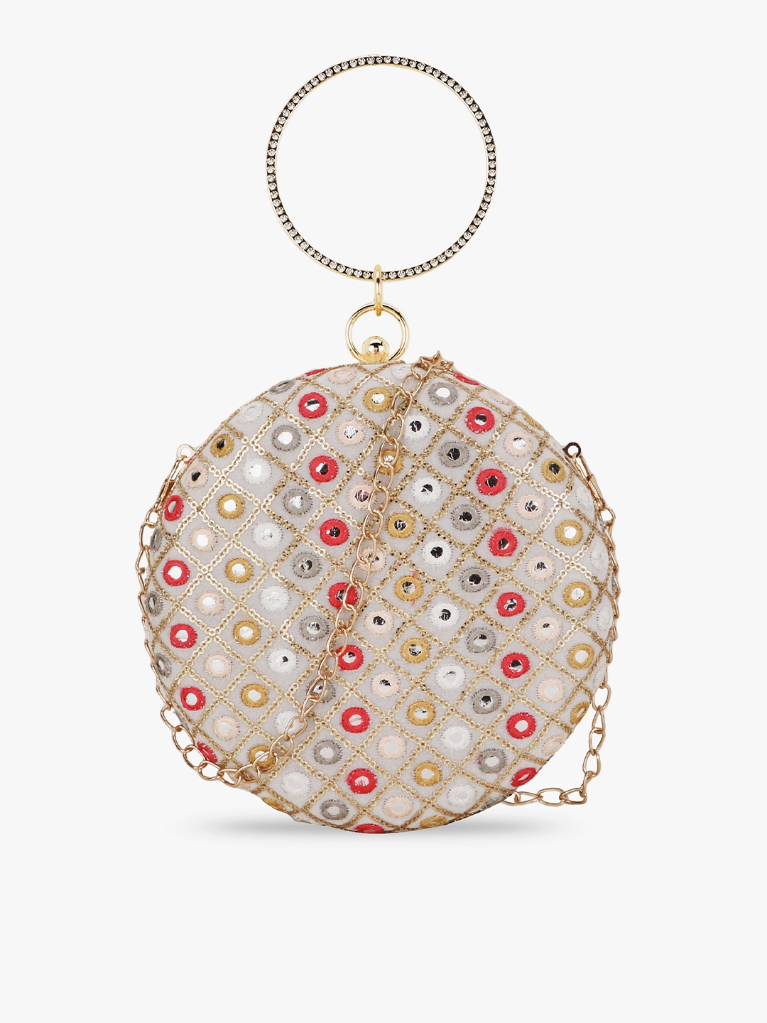 

Anekaant Women Cream-Coloured & Red Embroidered Box Clutch