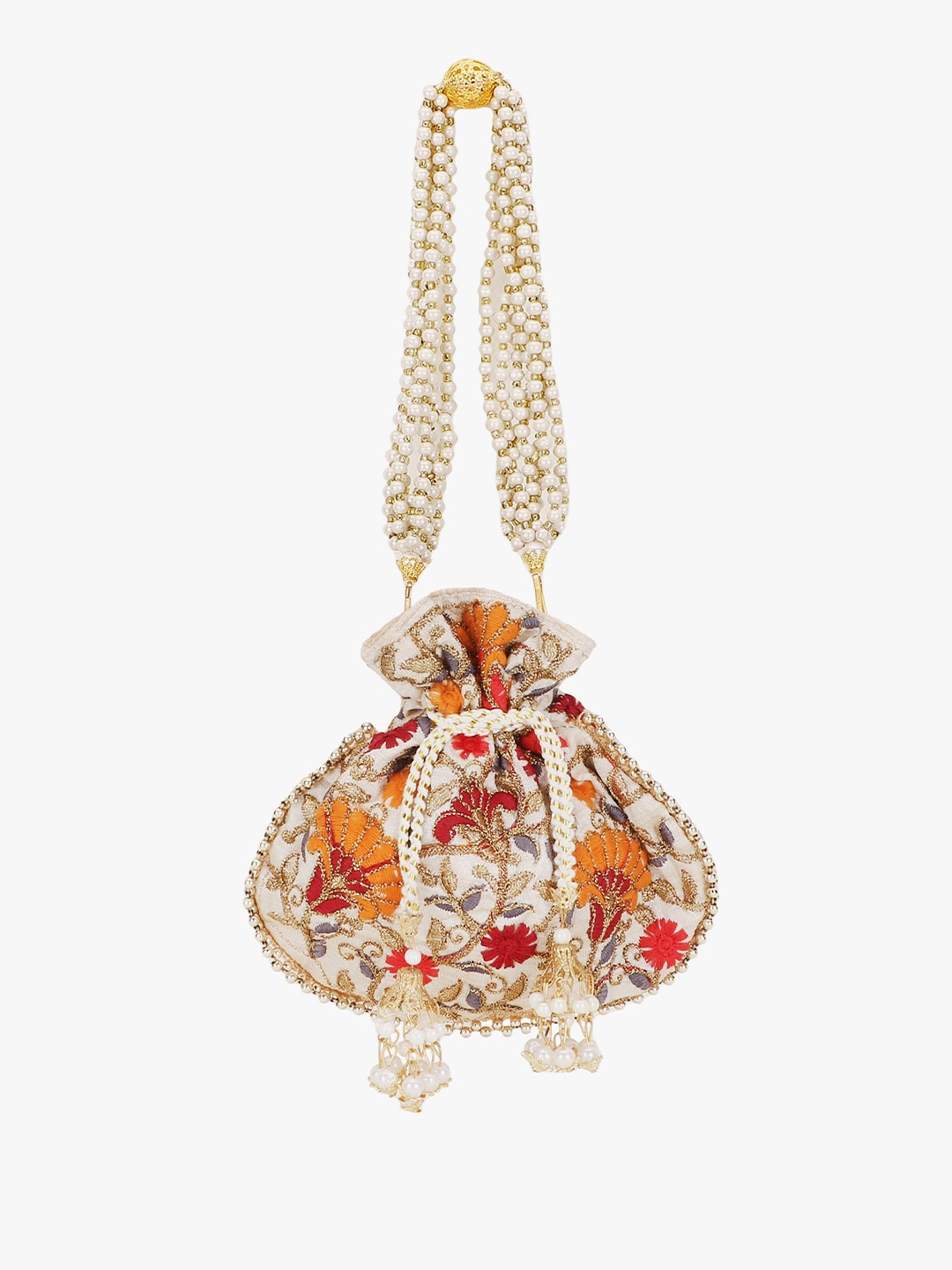 

Anekaant Girls Cream-Coloured & Red Floral Embroidered Tasselled Potli Clutch