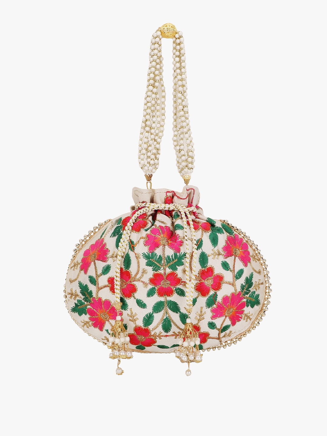 

Anekaant Women Cream-Coloured & Green Embroidered Tasselled Potli Clutch
