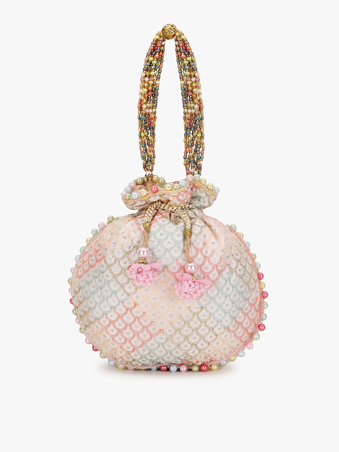 

Anekaant Women Off White & Pink Embellished Tasselled Potli Clutch